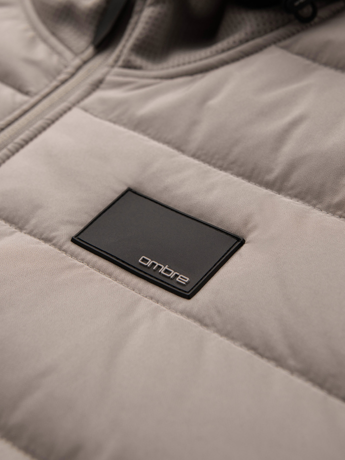 Men's lightweight jacket of combined materials with hood and decorative quilting - ash V3 OM-JANP-0160 