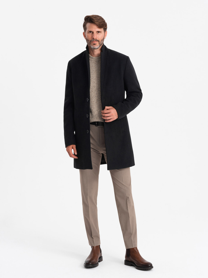 Vyriškas vienspalvis ilgas kostiumo stiliaus paltas - juodas V1 OM-COWC-0105