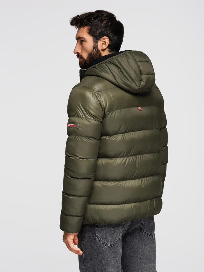 Men's quilted winter jacket with combined materials - dark olive green V3 OM-JAHP-0145