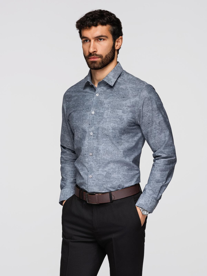 Classic flannel men's floral cotton shirt - grey V3 K701