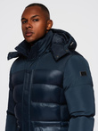 Men's quilted jacket with combined materials and hood - navy blue V3 OM-JALJ-0266