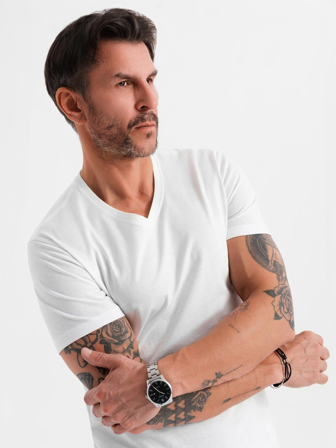 Bumbac clasic pentru bărbați BASIC tricou cu guler în V - maro V10 OM-TSBS-0145