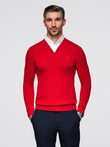 Men's sweater with a "v-neck" neckline with a shirt collar - red V4 OM-SWSW-0102