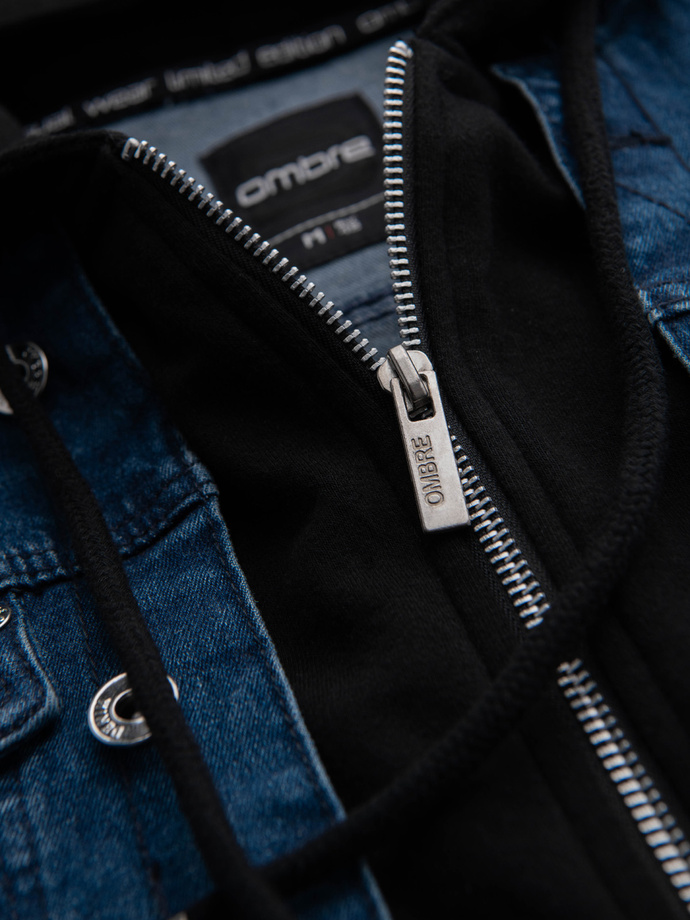 Jachetă din denim pentru bărbați cu mâneci tricotate și glugă - albastru și negru V2 OM-JADJ-0220