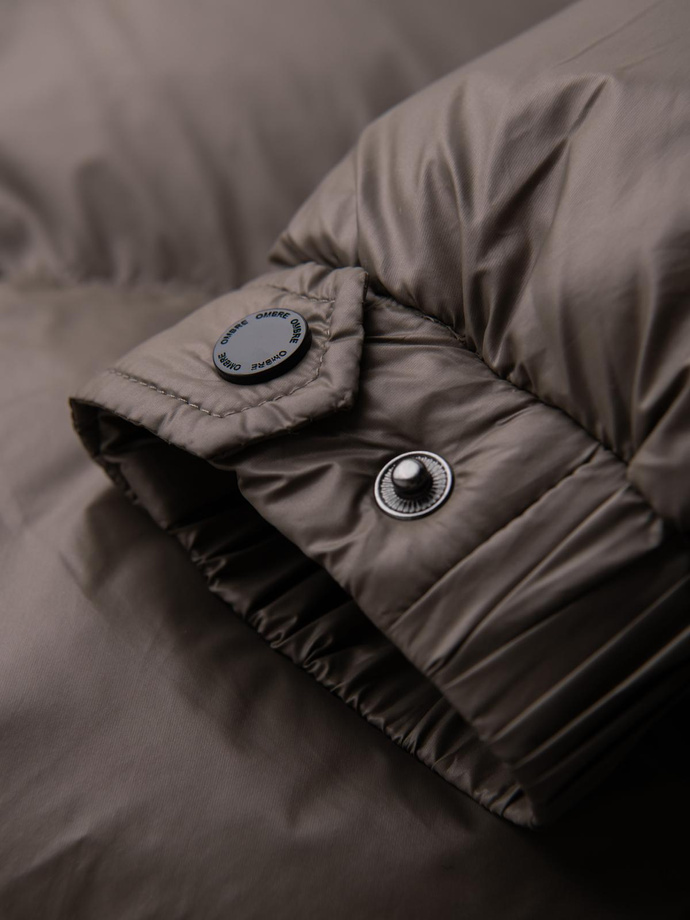 Warm men's puffer jacket with welts - dark beige V3 OM-JAHP-0207
