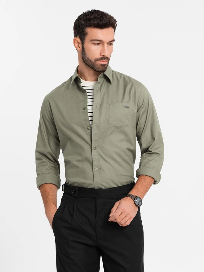 Men's cotton shirt with pocket REGULAR FIT - olive V2 OM-SHCS-0147