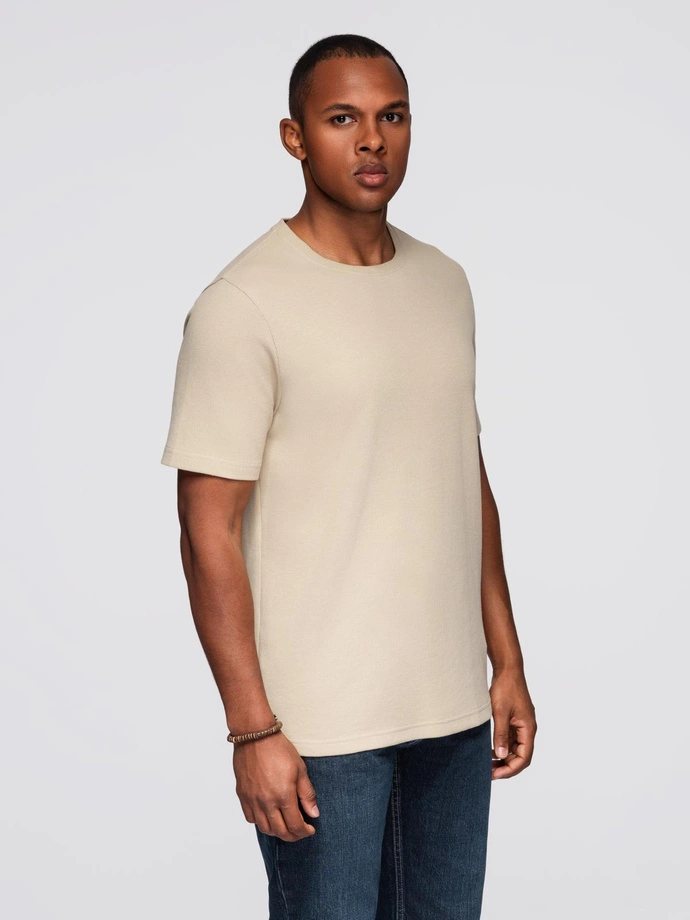Men's waffle-textured T-shirt with round neckline - sand V2 OM-TSCT-0197