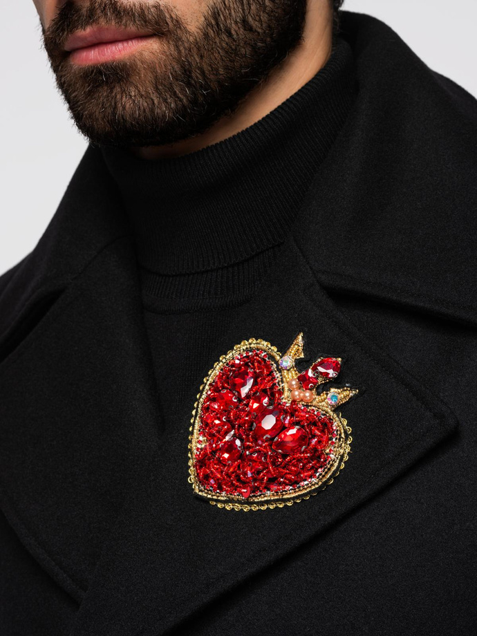 Vyriškas vilnonis paltas su dekoratyvinėmis aplikacijomis - juodas V1 OM-COWC-0147