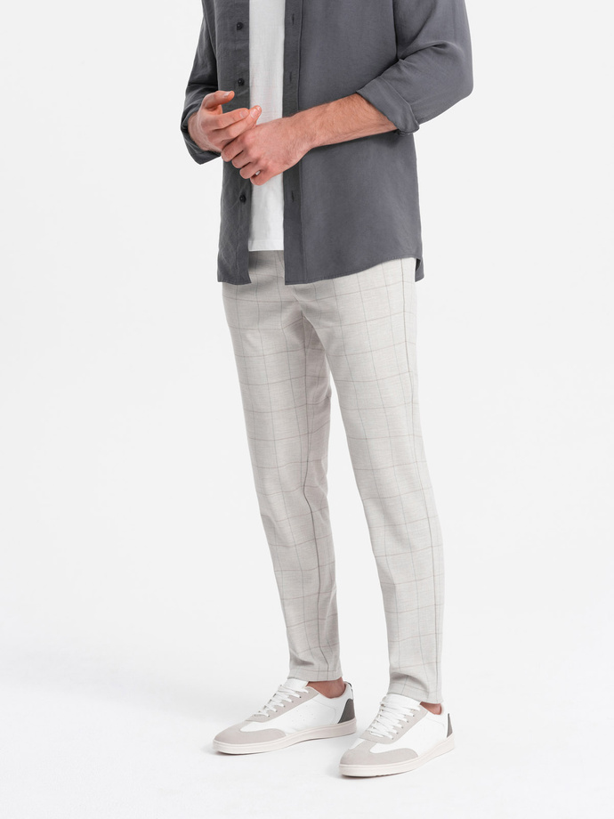 Men's pants with a classic cut in a delicate check - beige V1 OM-PACP-0187