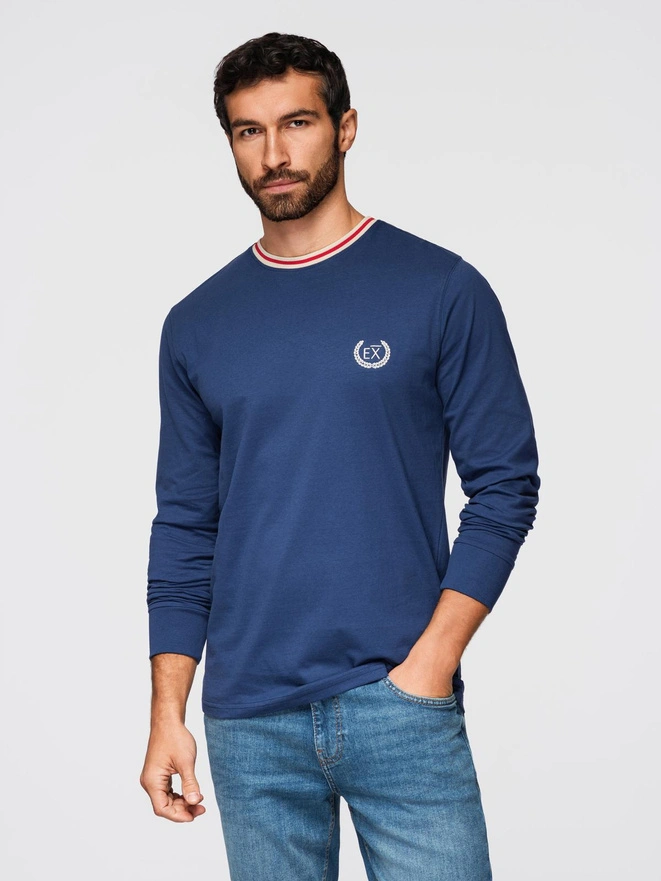 Men's cotton longsleeve with striped U neckline and embroidery - dark blue V3 OM-LSCL-0128