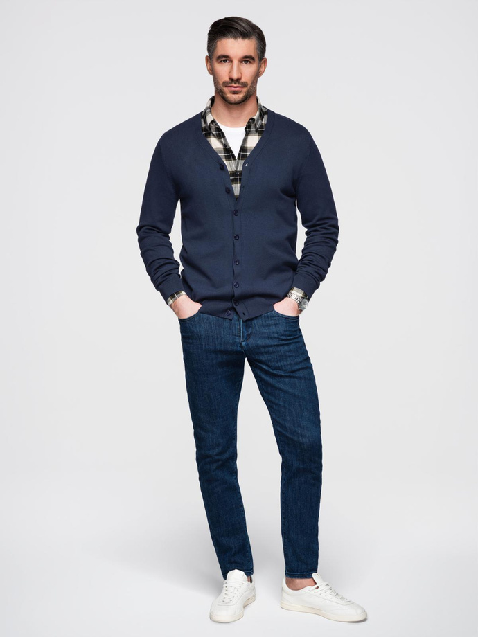 Knitted monochrome men's viscose cardigan - navy blue V1 OM-SWCD-0126 