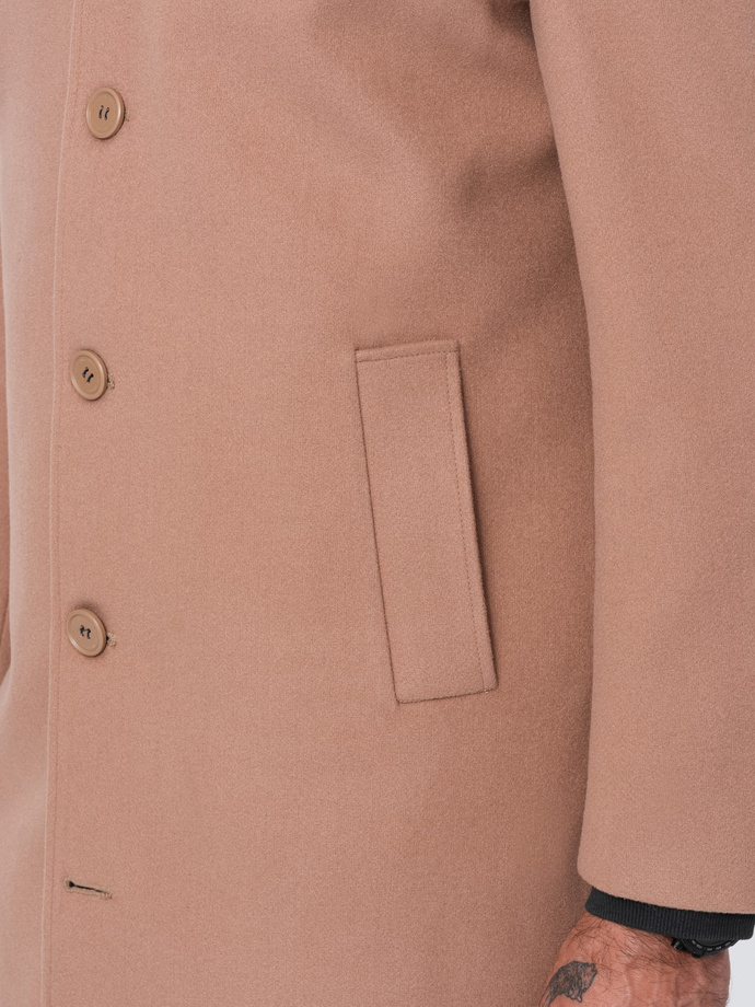 Pánsky jednoradový dlhý kabát s golierom a spodným plášťom - hnedý V2 OM-COWC-0106