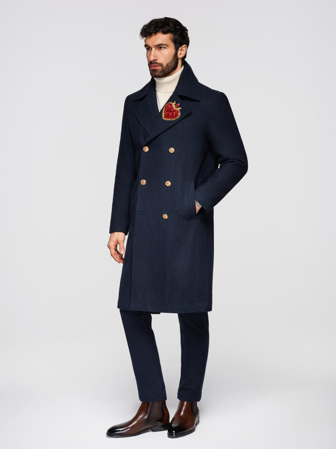 Men's double-breasted coat with wool and decorative appliqués - V1 navy blue OM-COWC-0149