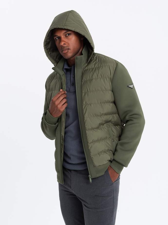 Men's quilted bomber jacket with high collar - dark olive green V3 OM-JALP-0140