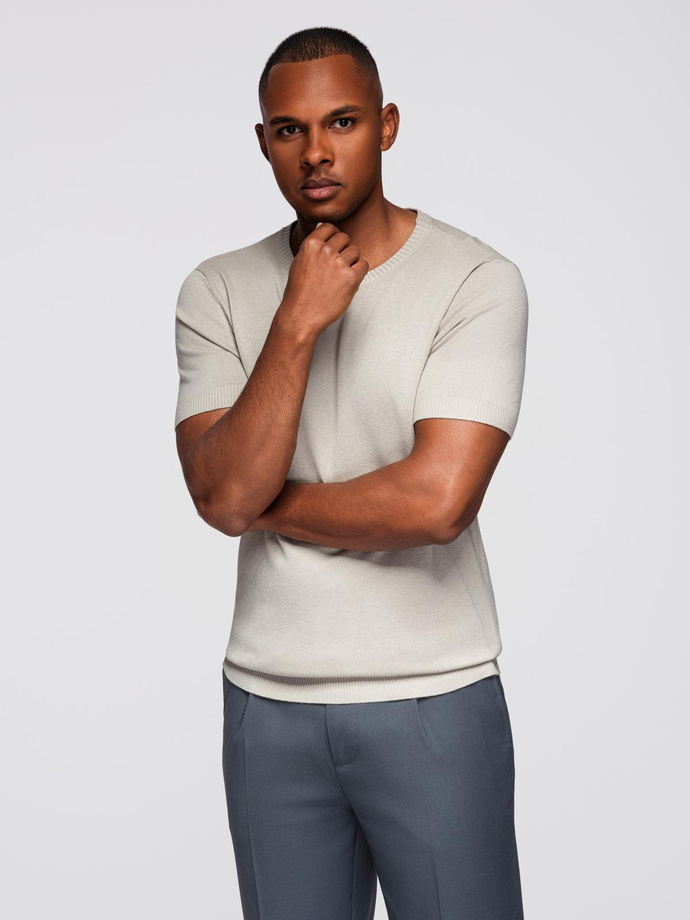 Classic knitted men's shirt with ribbed cuffs - light grey V3 OM-TSCT-0252