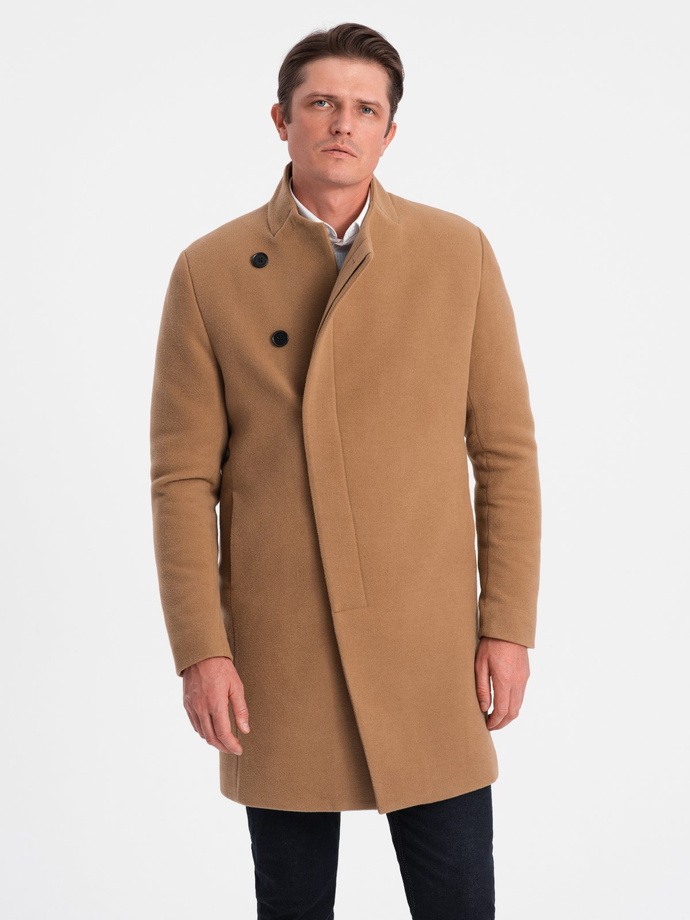 Men's coat with asymmetrical fastening - camel V4 OM-COWC-0102
