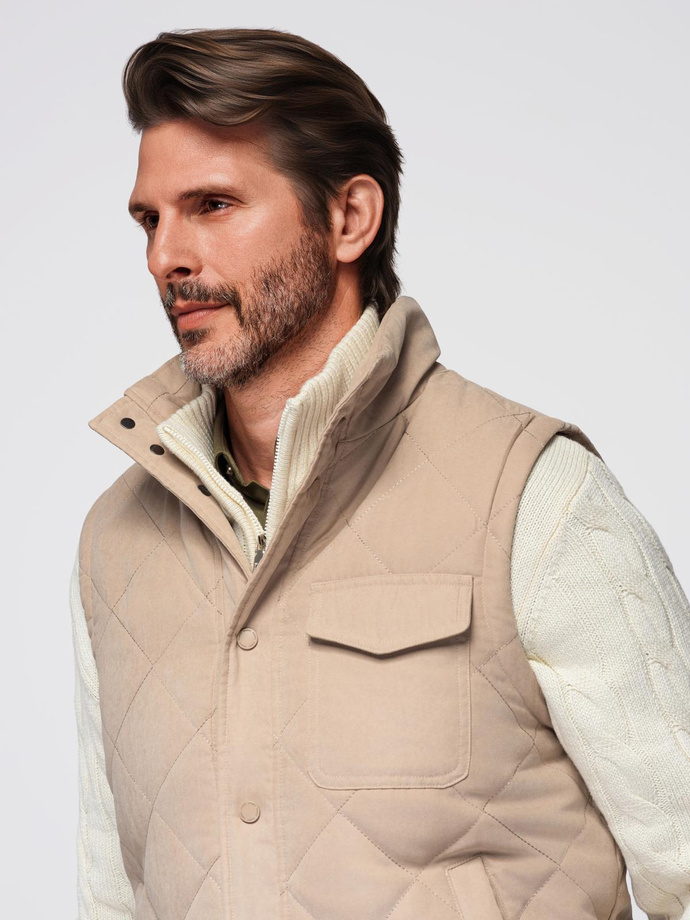 Men's peach effect quilted vest - beige V1 OM-JAVJ-0277