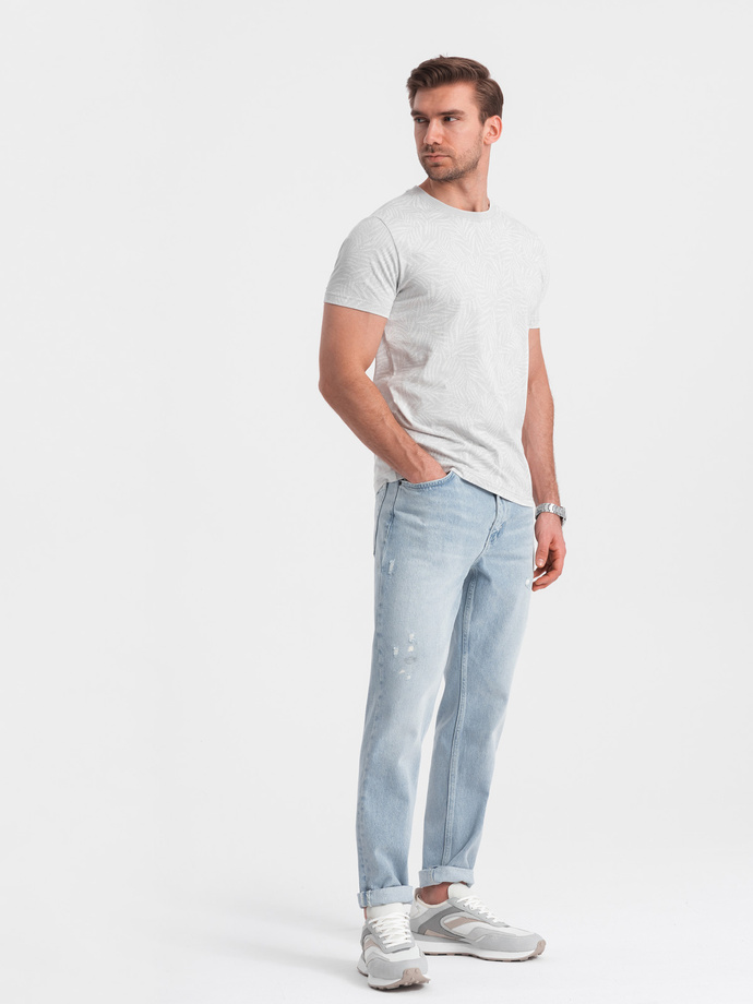 Pánske tričko s potlačou palmových listov - sivé V2 OM-TSFP-0182