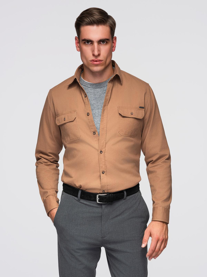 Men's REGULAR FIT cotton shirt with buttoned pockets - camel V2 OM-SHCS-0146