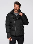 Men's quilted jacket with cut of ramoneski with hood - black V1 OM-JAHP-0252