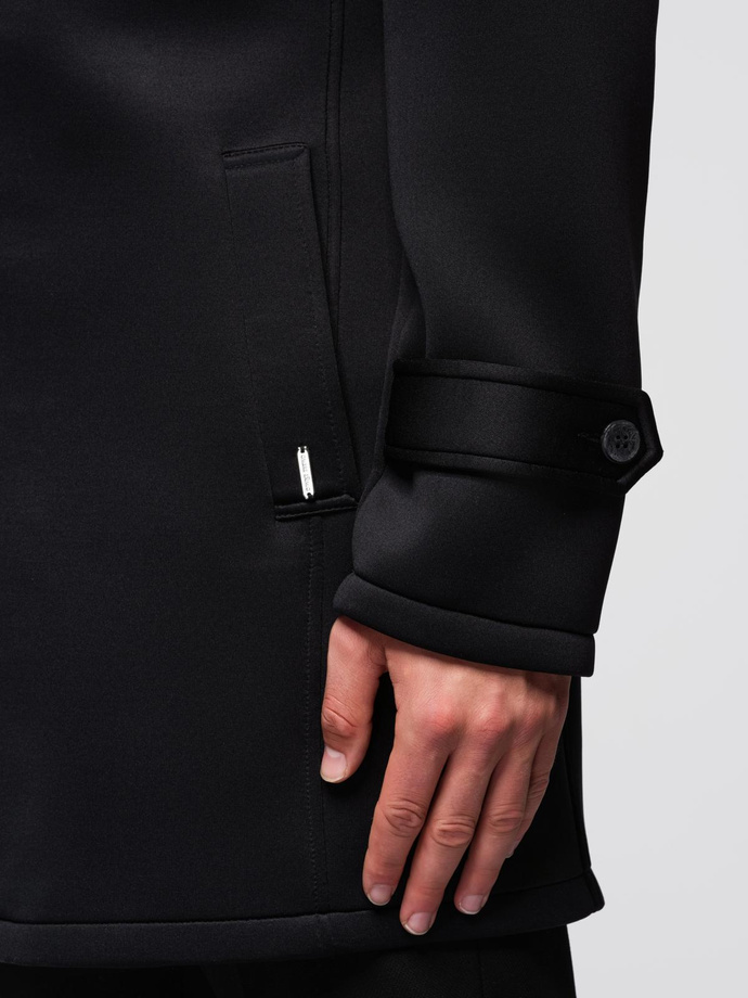 Palton bărbătesc minimalist de lungime medie cu glugă - negru V4 OM-COLC-0144