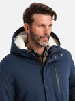 Jachetă lungă sherpa parka pentru bărbați – albastru marin V2 OM-JALJ-0181