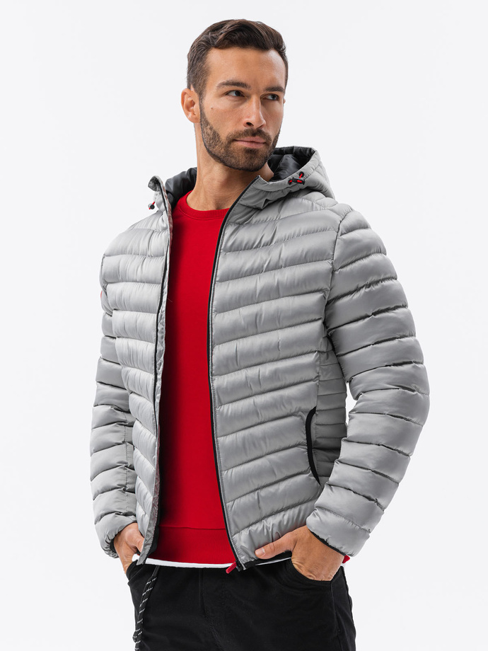 Men's quilted jacket with satin finish - silver V17 OM-JALP-0121