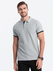 Tricou polo bărbătesc din bumbac cu ornamente contrastante - gri V7 OM-POSS-0113