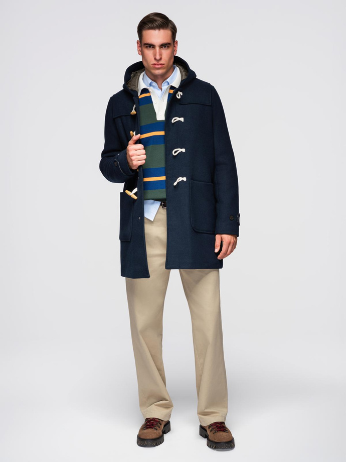 Men's wool and hooded duffle coat - navy blue V2 OM-COWC-0131