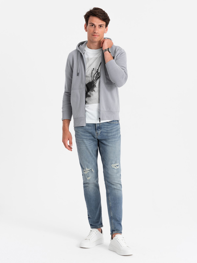 Men's unbuttoned sweatshirt with hood and patch - grey V1 OM-SSZP-0140