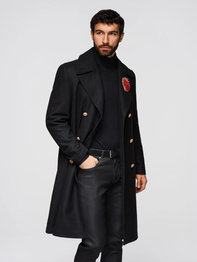 Single-breasted men's long coat with collar and bolster - brown V4 OM-COWC-0135