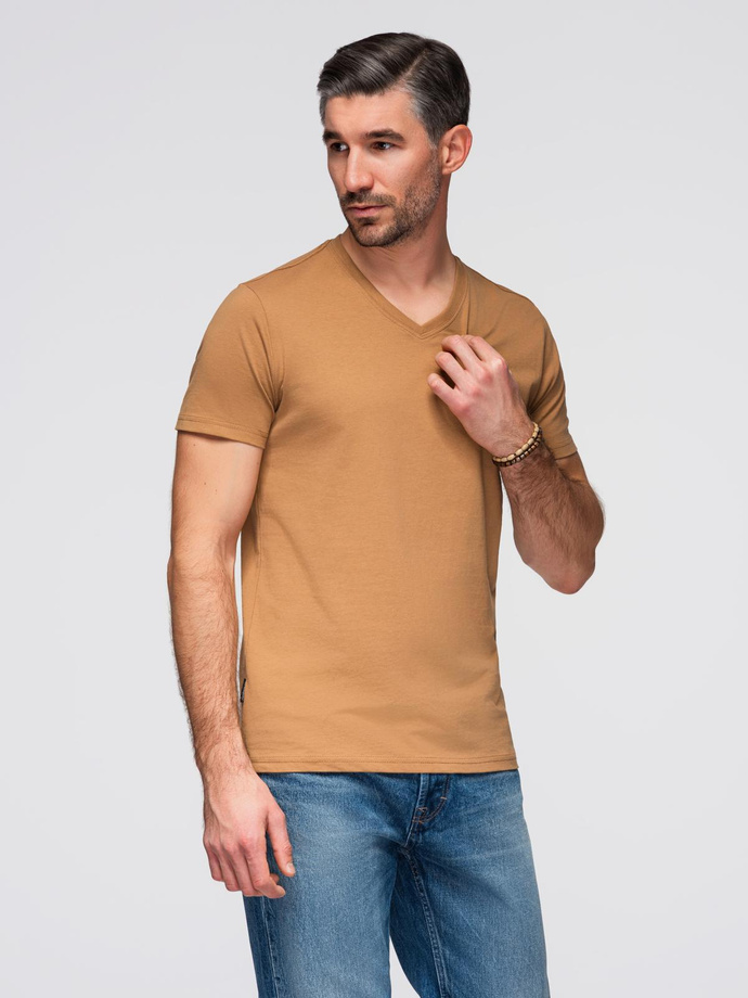 Bumbac clasic pentru bărbați BASIC tricou cu guler în V - maro V10 OM-TSBS-0145