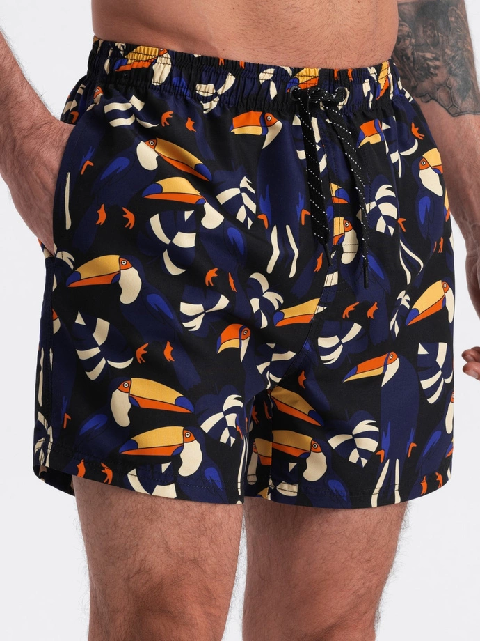 Men's swim shorts in toucans - black and navy blue V1 OM-SRBS-0140