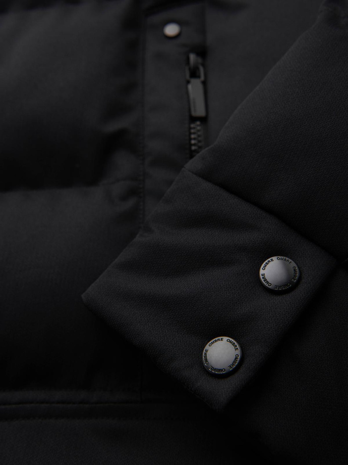 Men's long quilted jacket with hood - black V1 OM-JALJ-0264