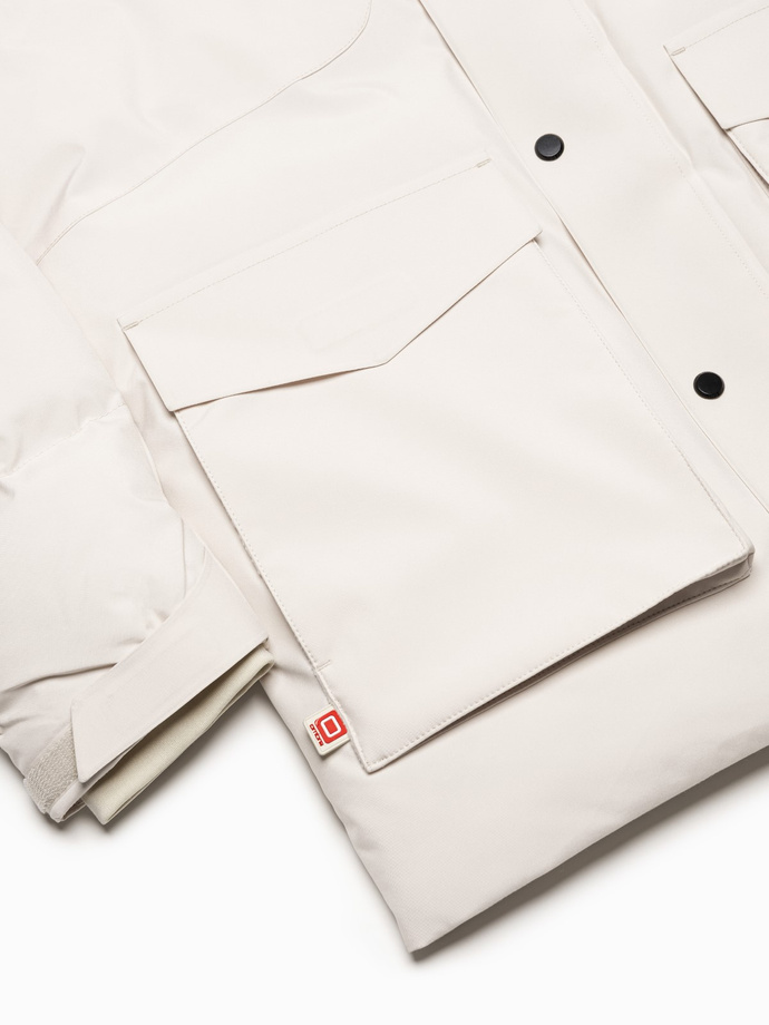 Men's winter jacket with detachable hood and cargo pockets - cream V2 OM-JAHP-0152