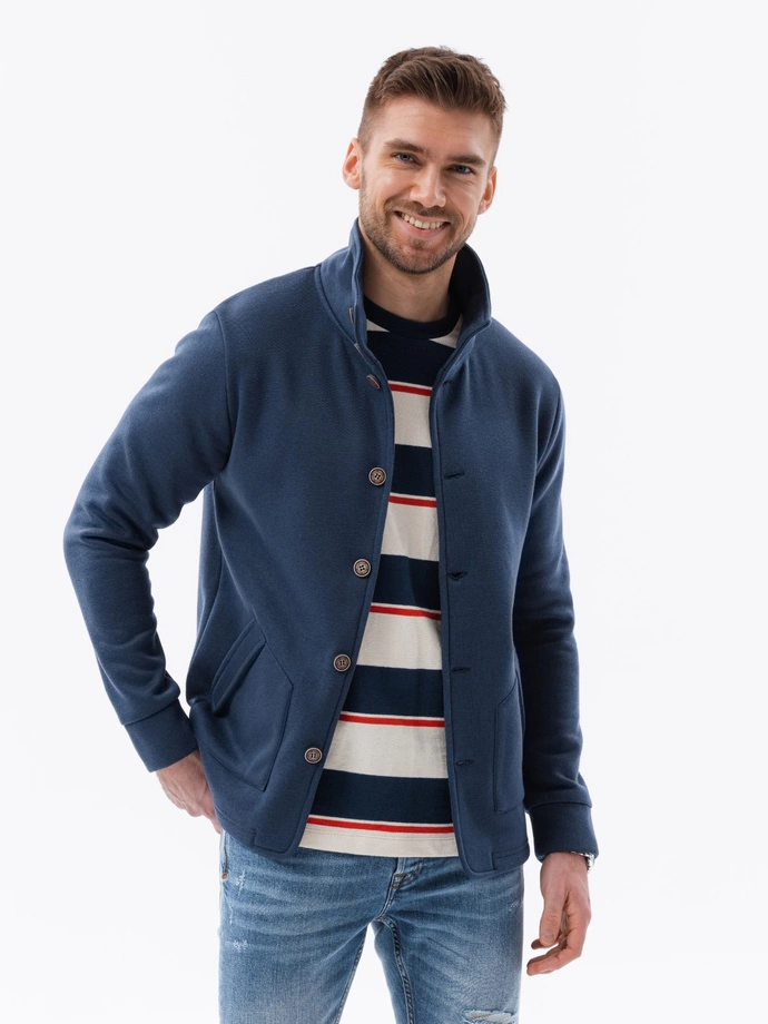 Men's button-down sweatshirt with collar - dark blue V4 OM-SSZP-22FW-013