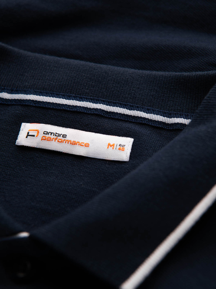 Tricou polo pentru bărbați cu dungi în două tonuri - albastru marin V1 OM-POSS-0127