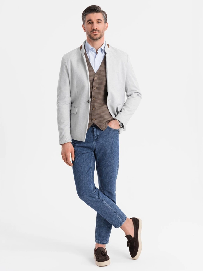 Men's melange rayon jacket with stand-up collar - grey melange V4 OM-BLZB-0131