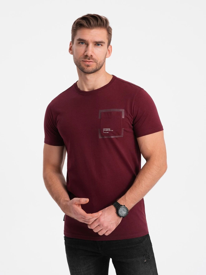 Men's cotton t-shirt with pocket print - maroon V2 OM-TSPT-0154