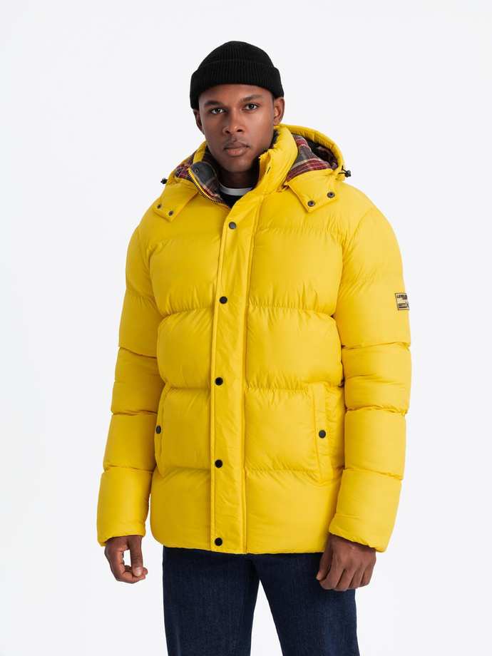 Men's puffer jacket with check lining - yellow V3 OM-JAHP-0205