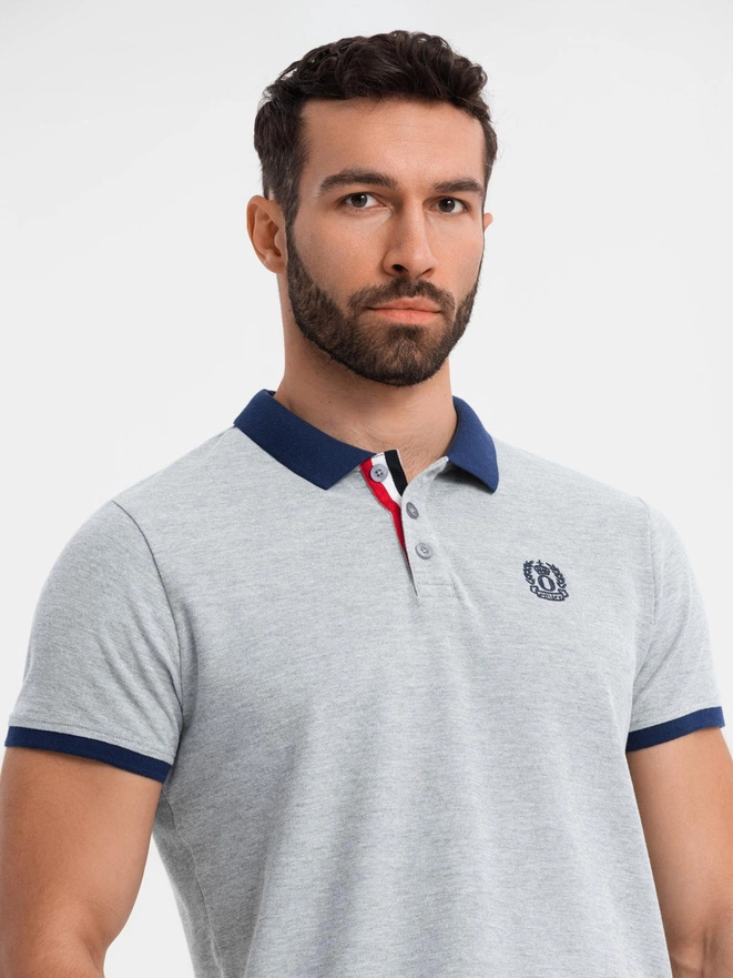 Men's polo shirt with colorful accents - gray melange V1 OM-POSS-0105