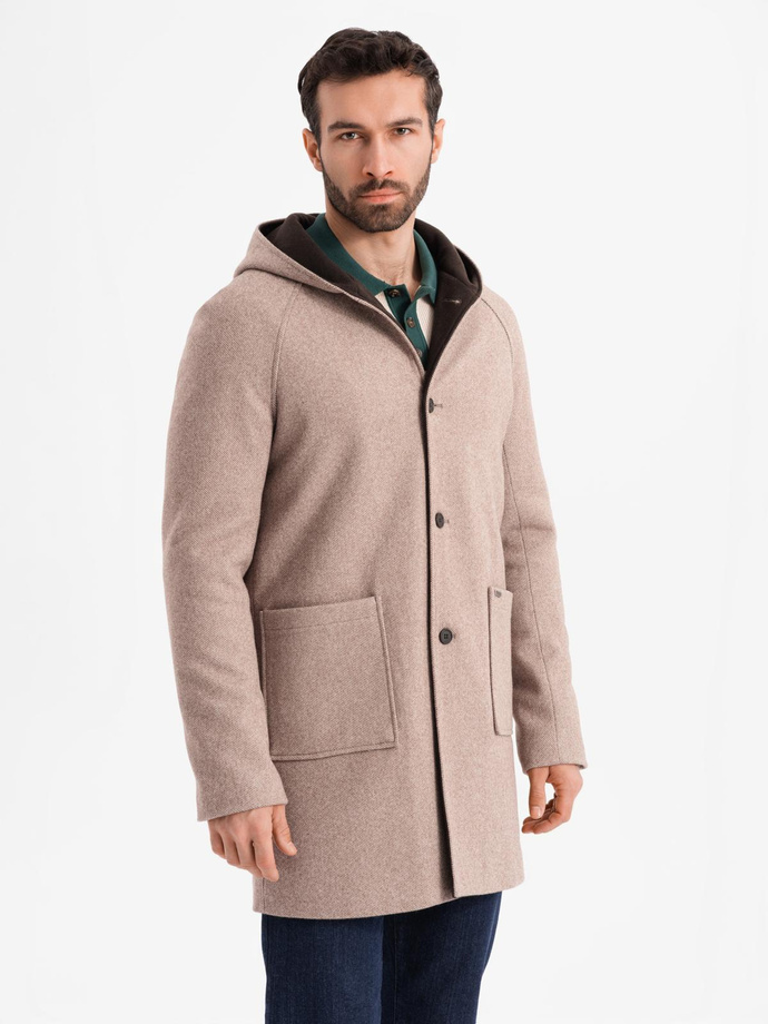 Melange long men's hooded coat - beige V2 OM-COWC-0122