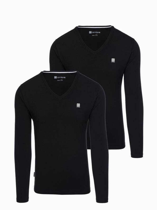 Set of 2x men's SLIM FIT longsleeve with V neckline and logo - black V3 Z87