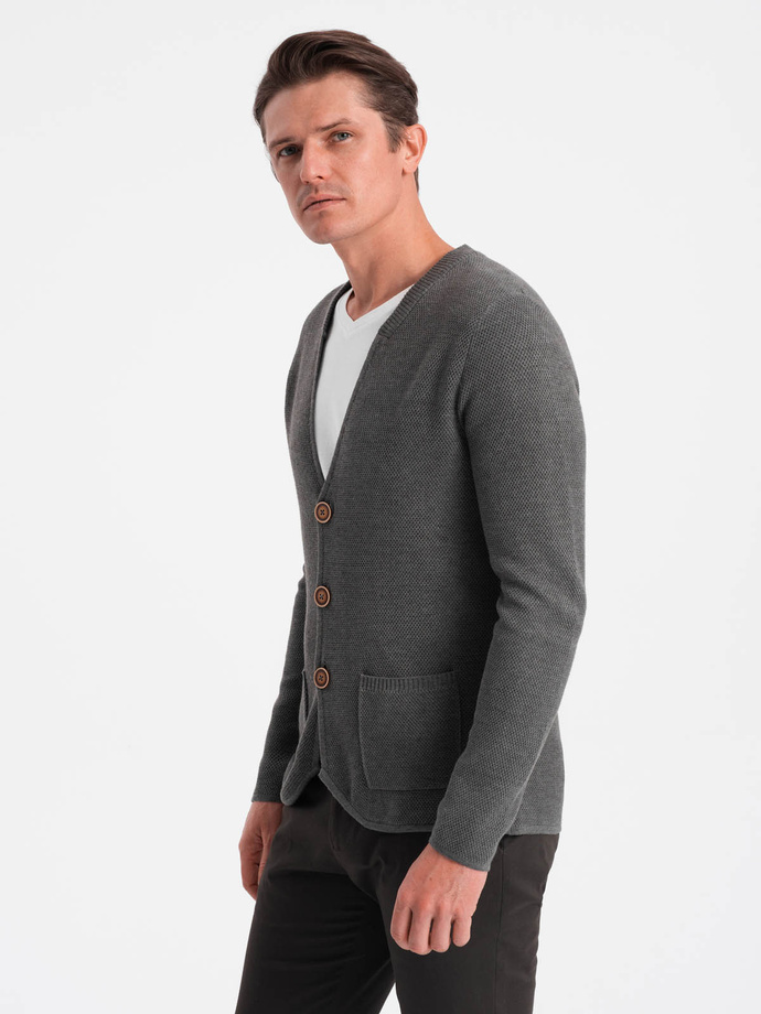 Pulover cardigan structurat pentru bărbați cu buzunare - grafit melange V2 OM-SWCD-0109