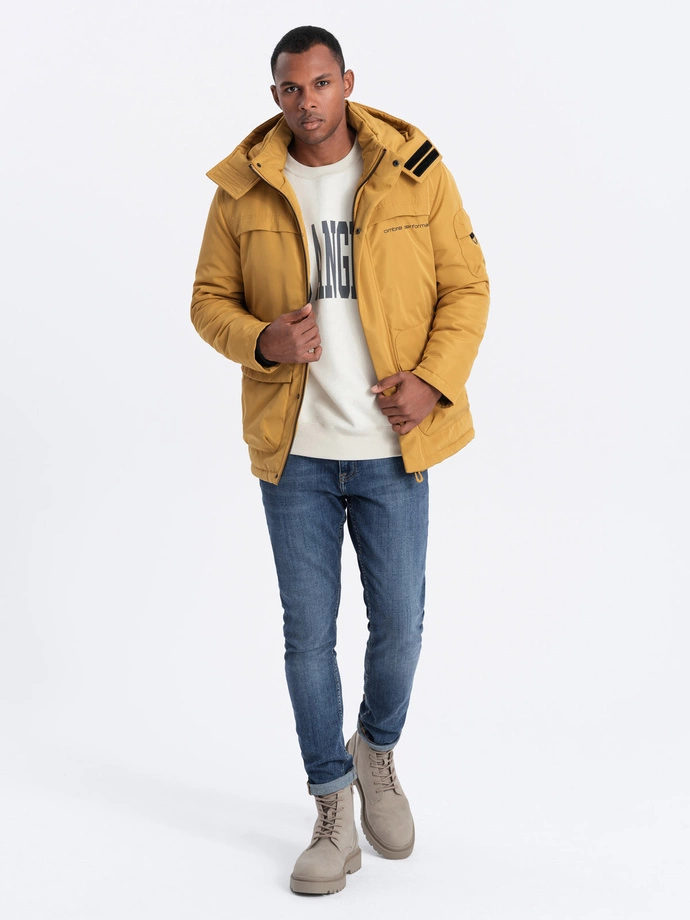 Men's insulated jacket with hood - mustard V2 OM-JAHP-0128