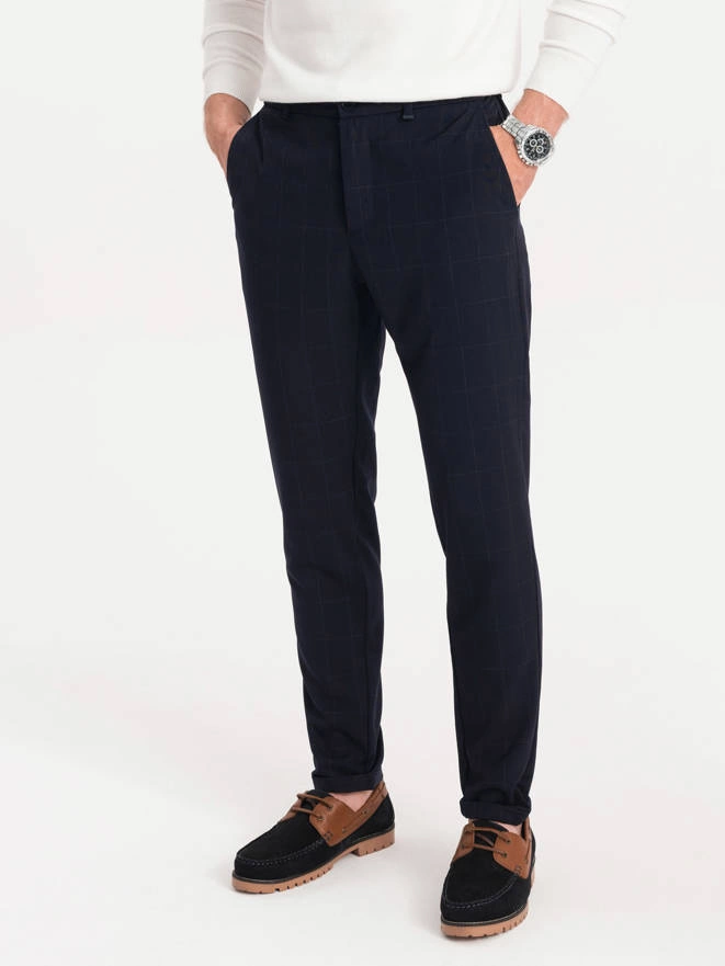 Men's pants with elastic waistband in delicate check - navy blue V1 OM-PACP-0120