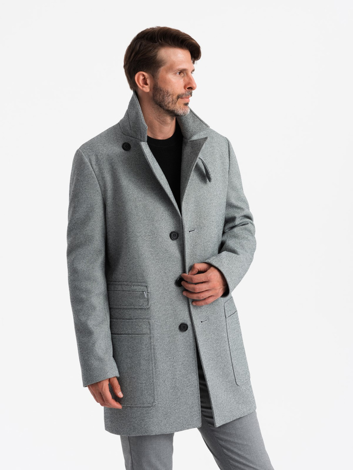 Patterned single-breasted men's coat with pockets - grey V3 OM-COWC-0108