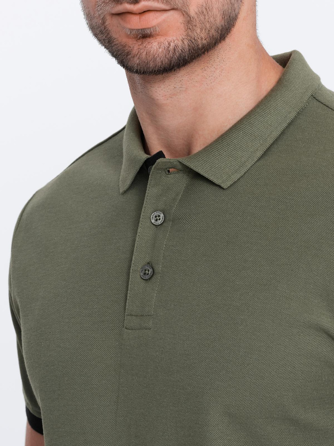 Tricou polo bărbătesc din bumbac cu ornamente contrastante - olive V6 OM-POSS-0113
