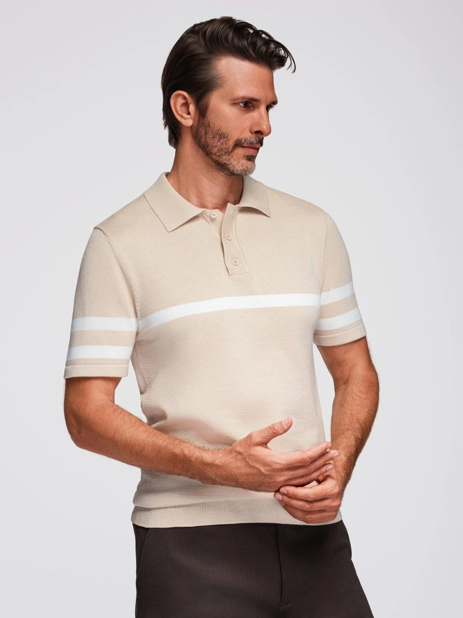 Tricou polo bărbătesc din tricot moale cu dungi contrastante - bej V4 OM-POSS-0118