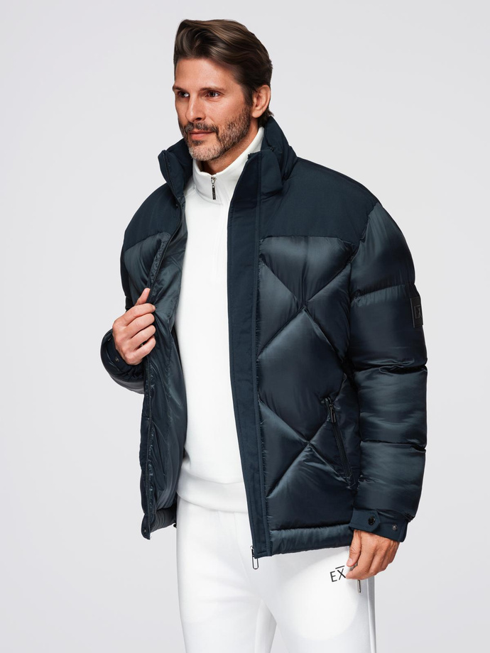 Men's hooded jacket with geometric diamond quilting - navy blue V2 OM-JAHP-0237